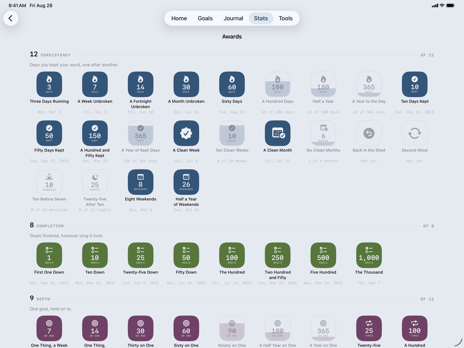 The full Awards case on iPad, three shelves wide in one landscape frame: Consistency's flame ladder, Completion's green targets, and Depth just starting below.