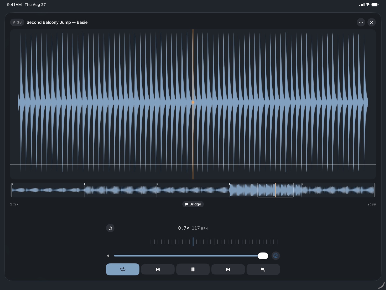 The play-along timeline on iPad at full landscape width, the waveform and marker rail with room to breathe.