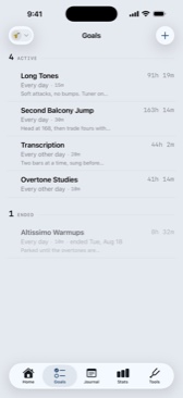 The Goals tab, listing four active goals with their minutes and cadence, and one ended goal below them.
