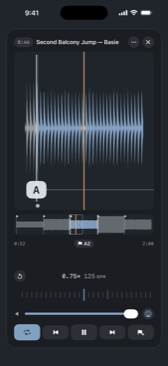 The play-along timeline full screen: the record's waveform with a loop set across a section, the A2 marker under the playhead, and 0.75× reading 125 BPM.
