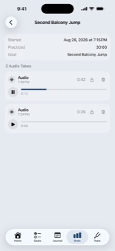 A saved thirty-minute session showing its two audio takes, 0:42 and 0:26, with playback controls.