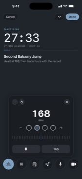 A running session on Second Balcony Jump, 27:33 on the clock of 30 minutes planned, with the metronome card open at 168 BPM.